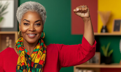 frican american mature woman with raised fist of empowerment and black women solidarity, International Womens Day, Black History Month concept