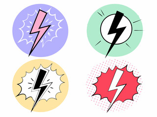 Set of Comic Icon Lightning Bolt Elements in Pop Art Style