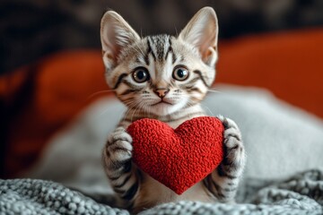 Ad furry friend animal creative art. Egyptian mau - my treasured cat, symbol of care. Cute egyptian mau kitty with diamond red heart at cozy abode. Adorable pet love vibes. Furry friend love.