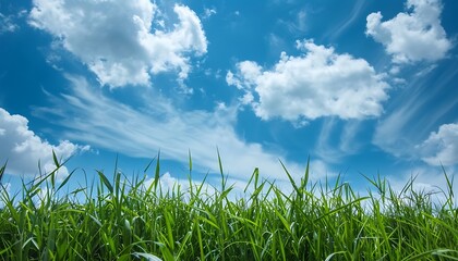 Obraz premium Green field and blue sky with white clouds. Nature landscape background.