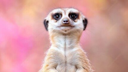 Meerkat portrait, blurred pink background, wildlife, nature photography, website banner