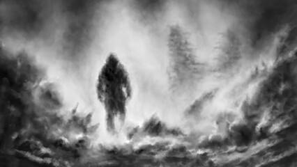 Dark silhouette of man in fog. Apocalypse world, city ruins, destruction. Horror fiction illustration.