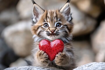 Digital ads animal idea art. Lynx - my preferred animal. Cute lynx baby with sparkling rhinestones red heart on in a natural habitat. Heartwarming nature love story. Sweet lovebirds in nature.
