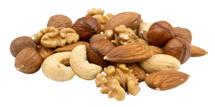 Mixed Shelled Nuts Hazelnuts, Walnuts, Cashews, and Almonds Isolated On Transparency Background