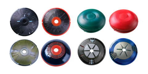 Colorful Assortment of Eight Disc-Shaped Objects on White Background