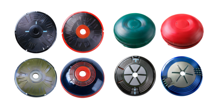 Colorful Assortment of Eight Disc-Shaped Objects on White Background