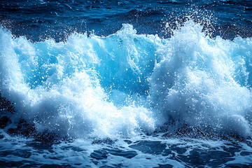 Naklejka premium Dynamic ocean wave crashing, vibrant blue hues and white foam. Captures power, energy, and the raw beauty of nature. Perfect for websites, travel brochures, or environmental projects.