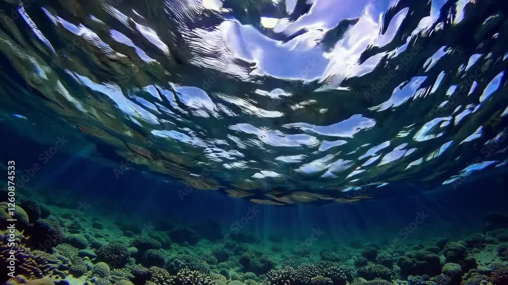 Aufkleber underwater view of coral reef with sunlight streaming through water surface, marine ecosystem and bi