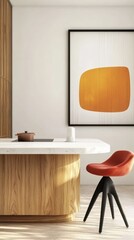 Modern Kitchen Interior With Stylish Orange Chair, Featuring Abstract Art Decoration, Showcasing Minimalist Design Elements