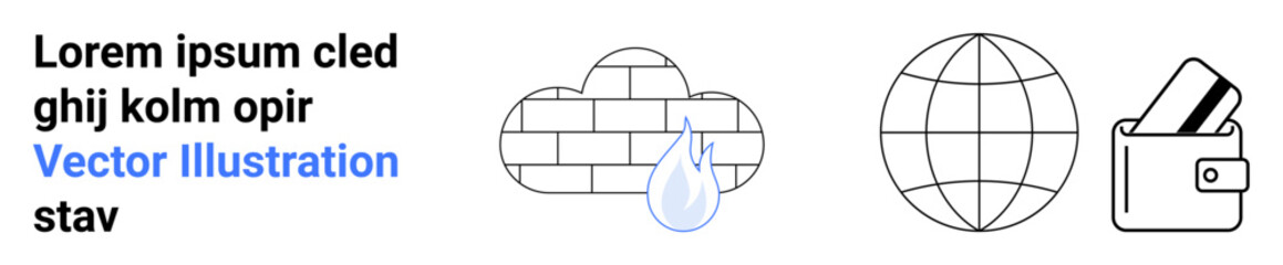 Brick wall cloud with raindrop, globe, and wallet with cards. Ideal for tech, security, worldwide web, finance, online transactions data protection digital services. Landing page