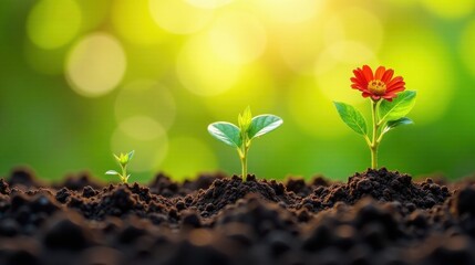 Flourishing Growth  A Visual Representation of Development Stages from Seedling to Blooming Flower in Rich Soil