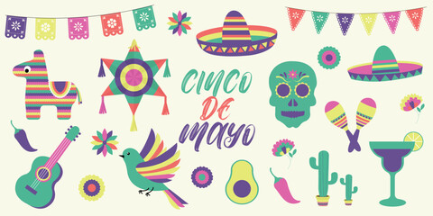 Cinco de mayo design with pinata, sombrero, chili peppers, margarita glass, avocado, skull, cactus, Parrot, guitar