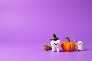 A Festive Halloween Scene Featuring a Smiling Tooth in a Witch's Hat, a Pumpkin, and a Ghost