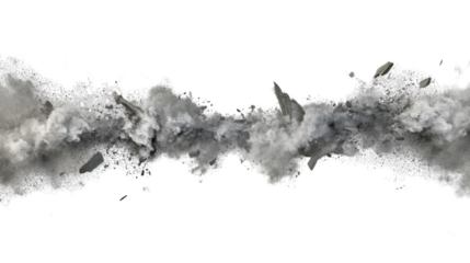 Ground crumbling and breaking with dust cloud on transparent background