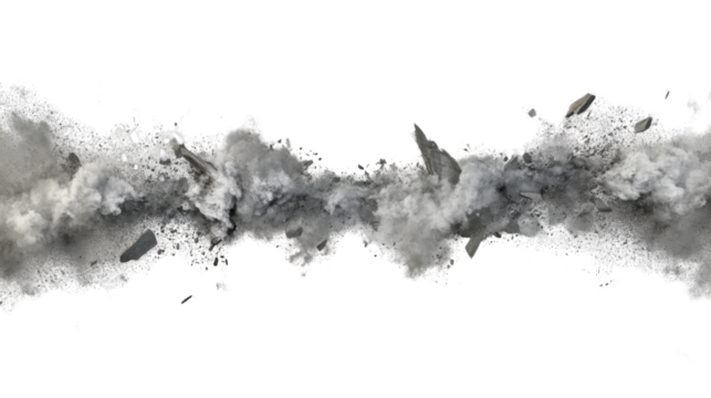 Ground crumbling and breaking with dust cloud on transparent background