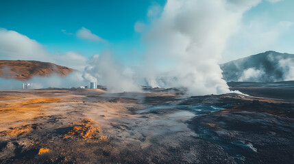 Geothermal Power Plant Bridging Misty Steam Vents in Rugged Terrain