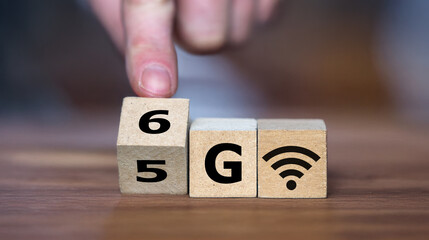 Hand turns cube and changes the expression '5G' to '6G'.
Symbol for a faster wireless internet connection.