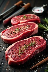 Three succulent seasoned beef steaks ready for grilling on dark wood surface