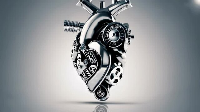 Metallic artificial heart smoothly rotating, revealing intricate mechanical design against pristine white background with precision engineering details