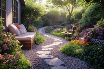 Obraz premium Serene cottage garden featuring lush flowers, stone pathway, and inviting seating area enhances home design. Concept emphasizes cottage garden layout planning for peaceful outdoor spaces