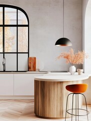 Modern Kitchen Interior With Unique Bar Stool, Cozy Minimalist Design Elements, Inviting Atmosphere And Bright Ambiance