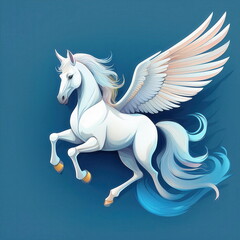 Colorful Pegasus character with wings soaring through a bright blue background in a playful cartoon style