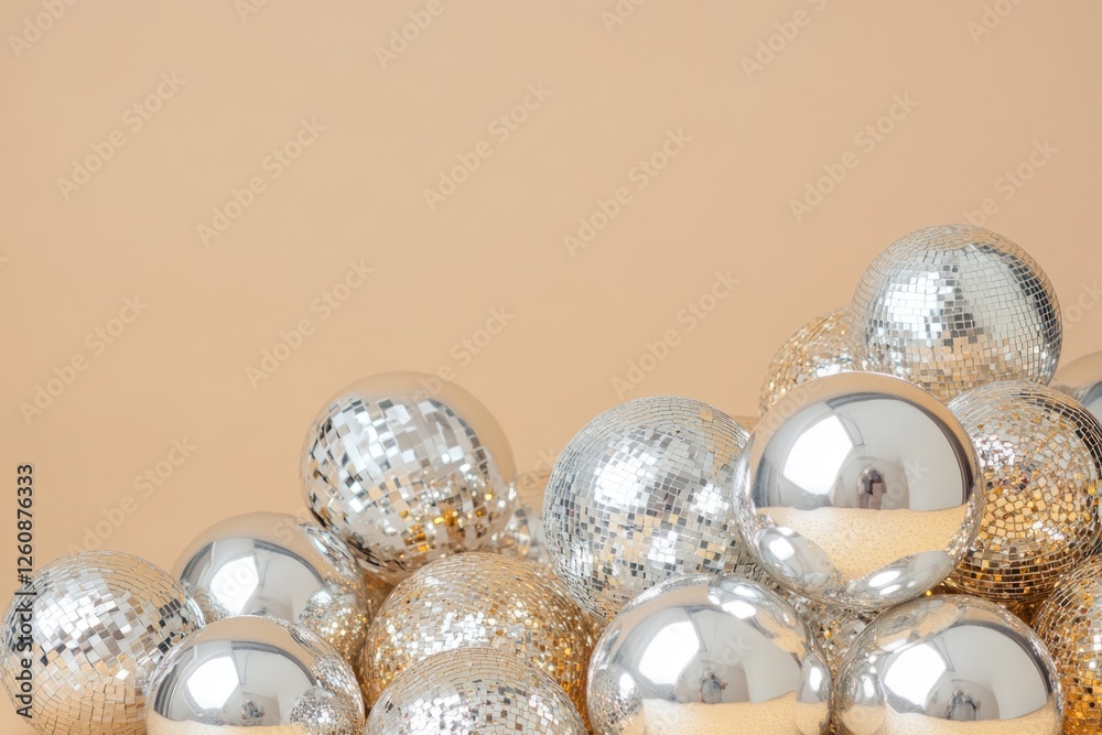 Wall mural cluster of disco balls reflecting light patterns against a neutral background in a minimalist settin
