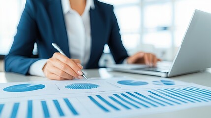 A business professional analyzes charts and graphs while working on a laptop, emphasizing data-driven decision-making in a modern office setting.
