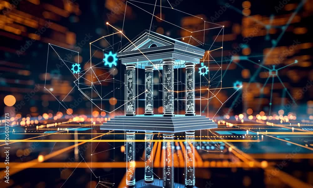 Poster digital architecture showcases a futuristic bank design with glowing elements and networking graphic