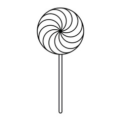 Lollipop vector icon. Spiral swirl candy on a stick. Black outline illustration isolated on white background.