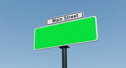 Fototapeta premium Blank Green Sign on Main Street Against a Clear Blue Sky