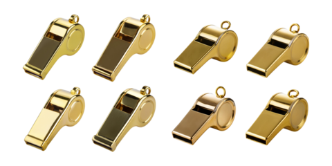 Collection of Eight Golden Whistles on a Black Background