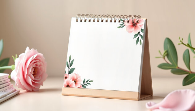 Flower-patterned desk calendar on neutral background