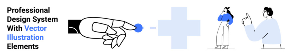 Hand holding a blue dot, abstract plus symbol, man pointing, and woman thinking. Ideal for creativity, teamwork, collaboration, innovation, problem-solving instructional design modern aesthetics