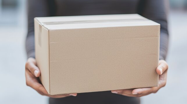 A person holds a plain cardboard box, suggesting shipping, delivery, or packaging in a casual setting.