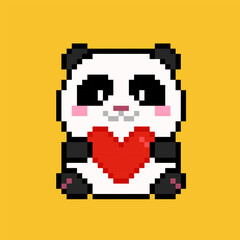 Fototapeta premium Cute Pixel-Art Baby Panda holding heart in hands. Vector pixel Kawaii Panda illustration for Valenties day card or Happy Birthday greeting card designs