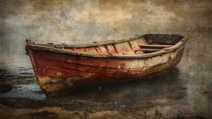 Obraz premium Weathered wooden boat rests in shallow water at a quiet coastal location during twilight
