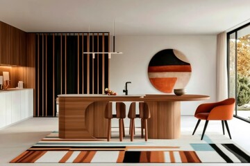 Modern Kitchen Interior With Wooden Furniture, Minimalistic Design, Cozy Area Rug, Natural Light And Artistic Elements