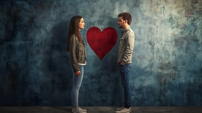 Couple facing heart-shaped wall. Couple stands in front of textured wall with painted heart between them. Conscious uncoupling, emotional healing and new beginning after breakup