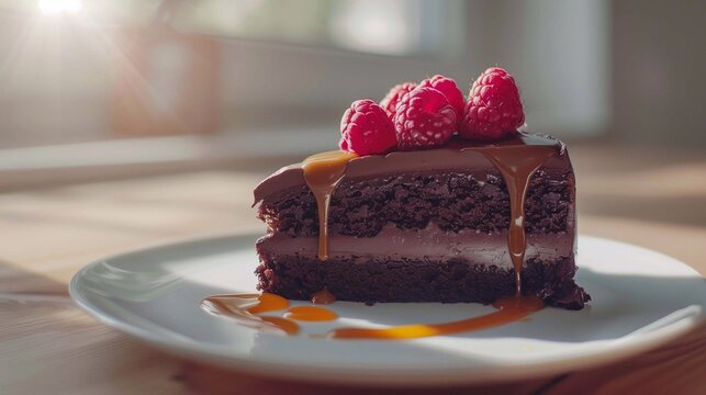 A chocolate cake slice with a glossy ganache topping, fresh raspberries, and a drizzle of caramel sauce on a white plate