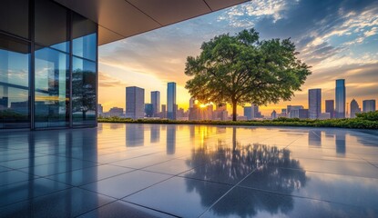 Fototapeta premium Urban Oasis: City Skyline at Sunrise Reflected in a Modern Plaza