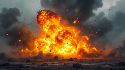 Abstract background with fire particles and sparks, smoke, debris and noise after natural disaster, catastrophe or bomb explosion. War, military operation concept. Backdrop for design war game
