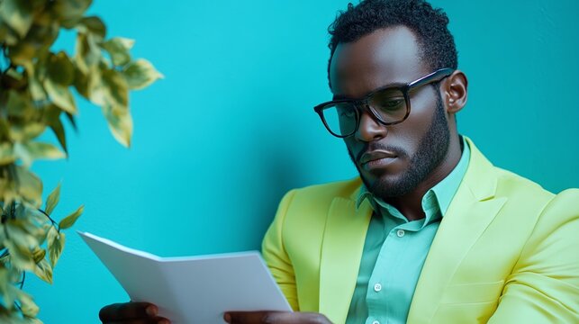 confident entrepreneur wearing a bold neon green suit intensely analyzing a legal business contract in a stylish office setting with a bright turquoise backdrop