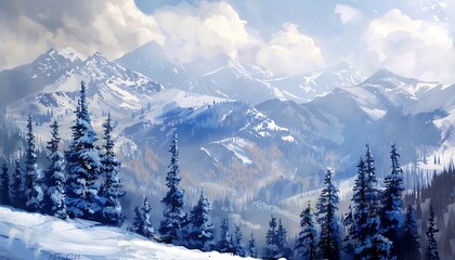 Obraz premium Fantasy winter landscape with snowy mountains and coniferous forest.
