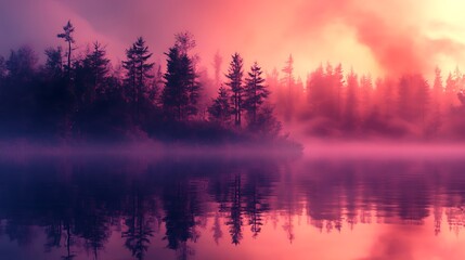 Fototapeta premium Misty sunrise over calm lake reflecting pink and purple sky, silhouetted trees.