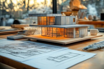 Model of modern home displayed on table with architectural plans for custom home design meeting and planning. Concept focuses on innovative design and meticulous planning process