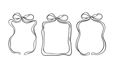 Vector illustration of a frame with bow in a trendy style for invitations to a wedding, party, card. Linear style, cartoon, doodle