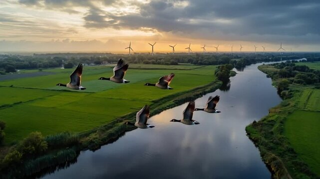 wild geese flying over a polder landscape video