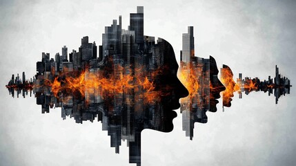 Fototapeta premium Abstract Cityscape Sound Wave Silhouette with Fire