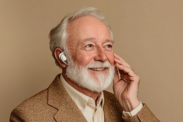 Elderly Man Smiling While Adjusting His Hearing Aid Against a Neutral Beige Background in a Minimalist Setting